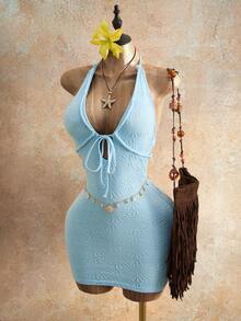 Zolique Vestido corto elegante y sexy de unicolor con cuello halter y cintura anudada, estilo tropical para fiesta, vacaciones y playa, azul claro, verano para mujer - Azul - Ver 8