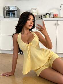 ZzzCrew Deep V-Neck Halter Tie Waist Top And Shorts Pajama Set - Yellow - View 4