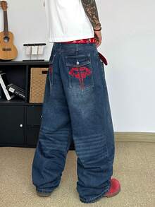 STEELVANCE Quần jeans ống đứng dáng rộng cổ điển, hiệu ứng giặt mài, thêu hình ria mèo trên túi, phong cách đường phố đa năng. - Màu xanh lam - Xem 6
