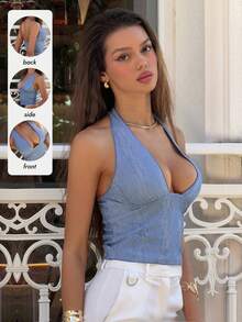 DAZY Women's Solid Color Lace Halter Deep V Backless Sexy Summer Camisole - Blue - View 9