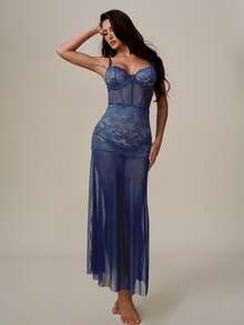Lumalex 2 Peças Conjunto de Vestido Longo Maxie com Contraste de Renda e Tule e Bodysuit Tipo Tanga Premium para Sair - Azul Marinho - Visão 3