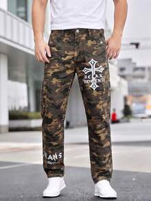 Manfinity Quần jean nam denim thường ngày đa năng, có túi, nút, họa tiết rằn ri, chữ cái, hình chữ thập. - màu nâu - Xem 4