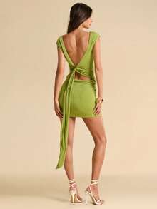 SHEIN BAE Đầm mini ôm sát màu xanh lá cây trơn không tay, hở lưng, có dây rút dành cho nữ, kiểu dáng thanh lịch, thích hợp cho mùa hè, tiệc tùng, đi nghỉ mát. - màu xanh lá - Xem 1