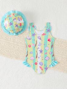 SHEIN GraphicGems Baby Girl Summer Holiday Striped Shell Print Ruffle One-Piece Swimsuit And Hat Beach Set - Blue - View 2
