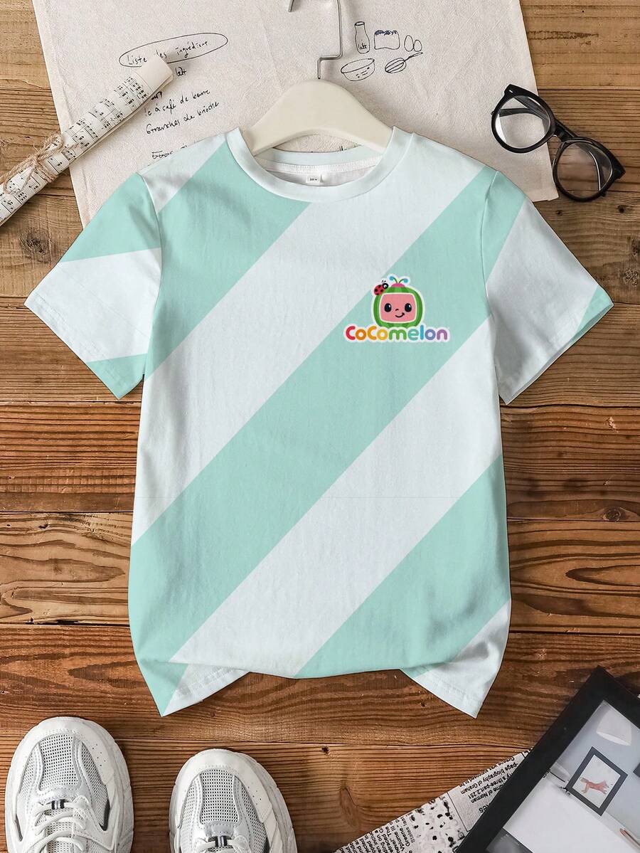 CoComelon X SHEIN Áo thun ngắn tay cổ tròn in chữ và sọc dành cho bé trai - trắng - Xem 1