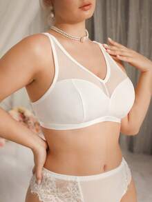 DelicateAllure 3Pcs Plus Size Women Mesh Patchwork Wireless Curve Bralette White Winter - White - View 3
