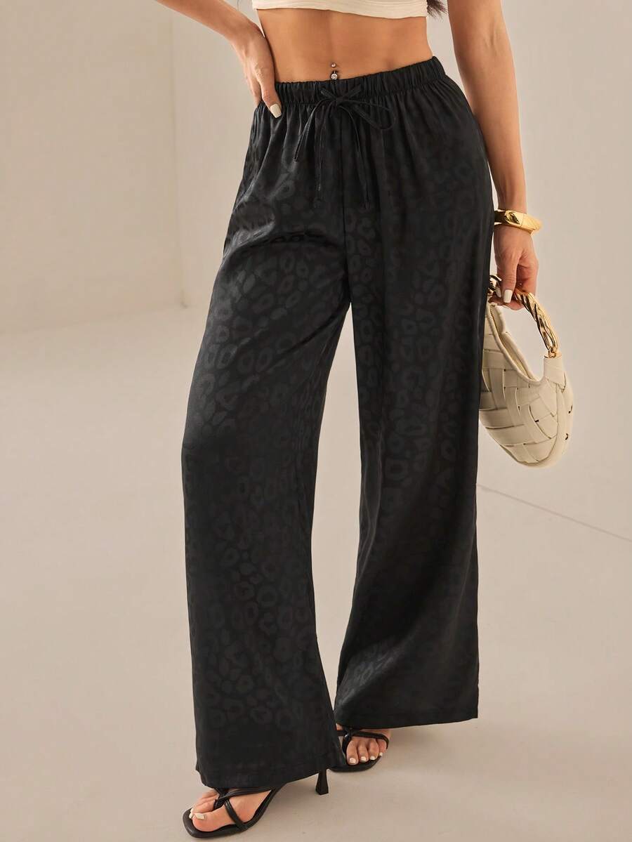 SHEIN PETITE Women's Casual Black Leopard Print Drawstring Waist Loose Wide Leg Pants,Fall - Black - View 1