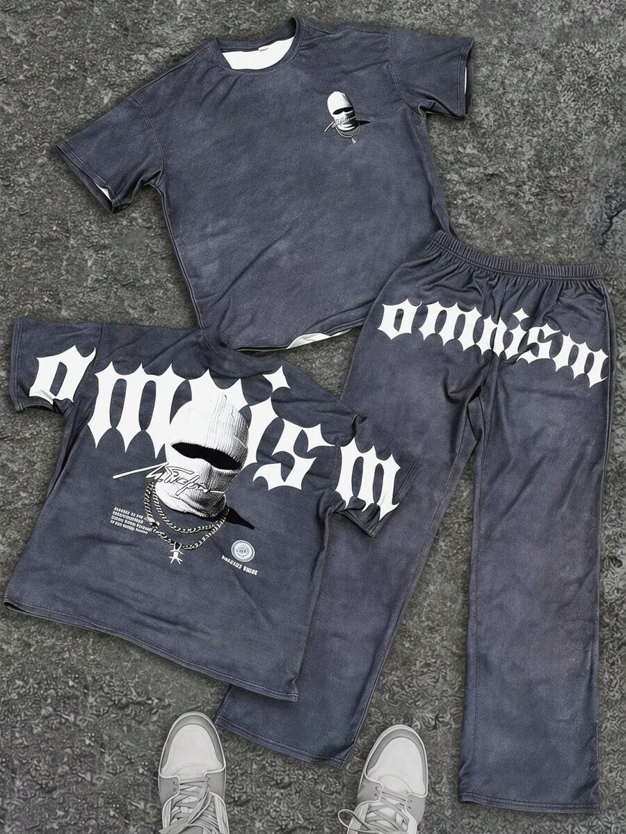 2pcs/Set Teen Boy Letter & Figure Print Round Neck Short Sleeve T-Shirt And Pants Casual Outfit, Suitable For Spring/Summer Outdoor Wear