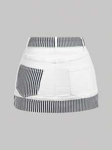 GlowEve Women's Striped Fashionable Summer Belted Denim Mini Skirt, Versatile - White - View 2
