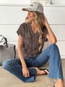 Easowa Áo thun nữ cổ chữ V in họa tiết, trang phục mùa hè đa năng. - Nhiều màu - Xem 4