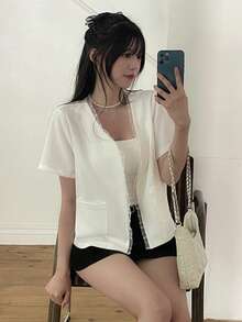 DAZY 女士休闲拼接短袖百搭常规外套 - 白色 - 查看 6