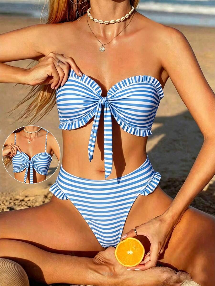 Swim Mod Summer Beach Vacation Women Polka Dot Print Ruffle Bandeau Top High Waist Bottoms - Blue and White - View 1