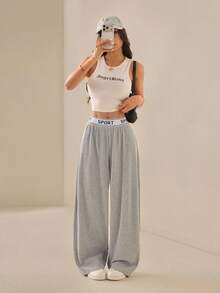 SHEIN PETITE Quần ống rộng nữ kiểu dáng thường ngày, có in chữ, cạp chun. - Xám - Xem 6