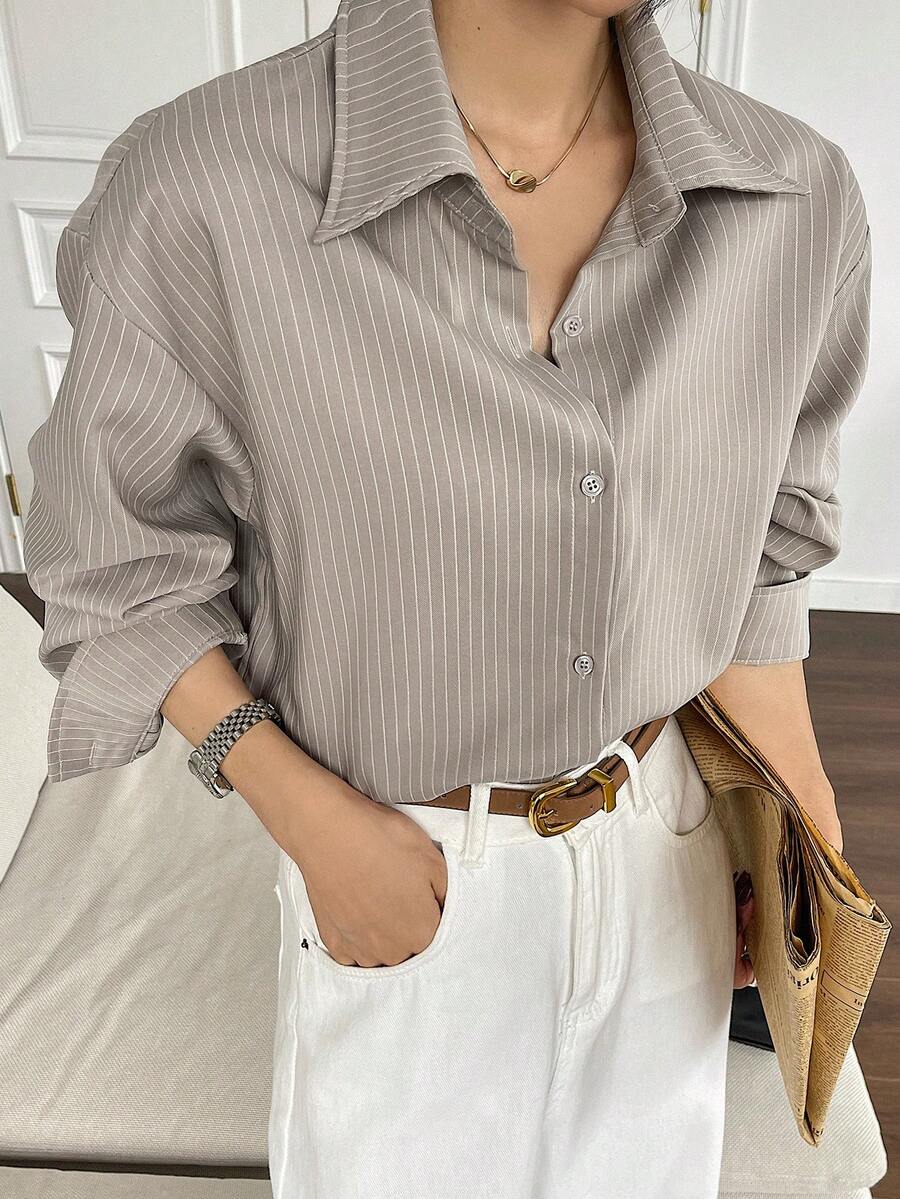 DAZY Women's Loose Striped Casual/School Shirt - Khaki - View 1