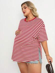 Plussiva 孕妇加大码圆领条纹拼接休闲日常上衣 - 紅白色 - 查看 5