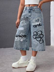 Young Girl Summer Y2k Urban Street Style Floral & Heart Graffiti Pattern Light Blue Denim Loose Wide-Leg Jeans For Kids Girls Spring/Summer Dailywear,Streetwear,Festival,Party,Beach,Birthday,Country,Girls Graduation,Casual,Summer Vacation,Graphic Jeans, 4-Years-Old,Casual,Summer Jean,Kawaii Jeans - Light Wash - View 6