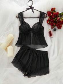 SHEIN Set Lingerie Seksi Wanita dengan Kawat Penyangga dan Cup Tipis Berbahan Jala - Hitam - View 8