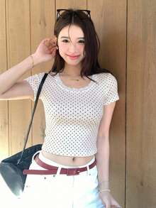 DAZY 女款花卉印花短袖T恤，清新韓系風格，少女感夏季款 - 杏色 - 查看 6