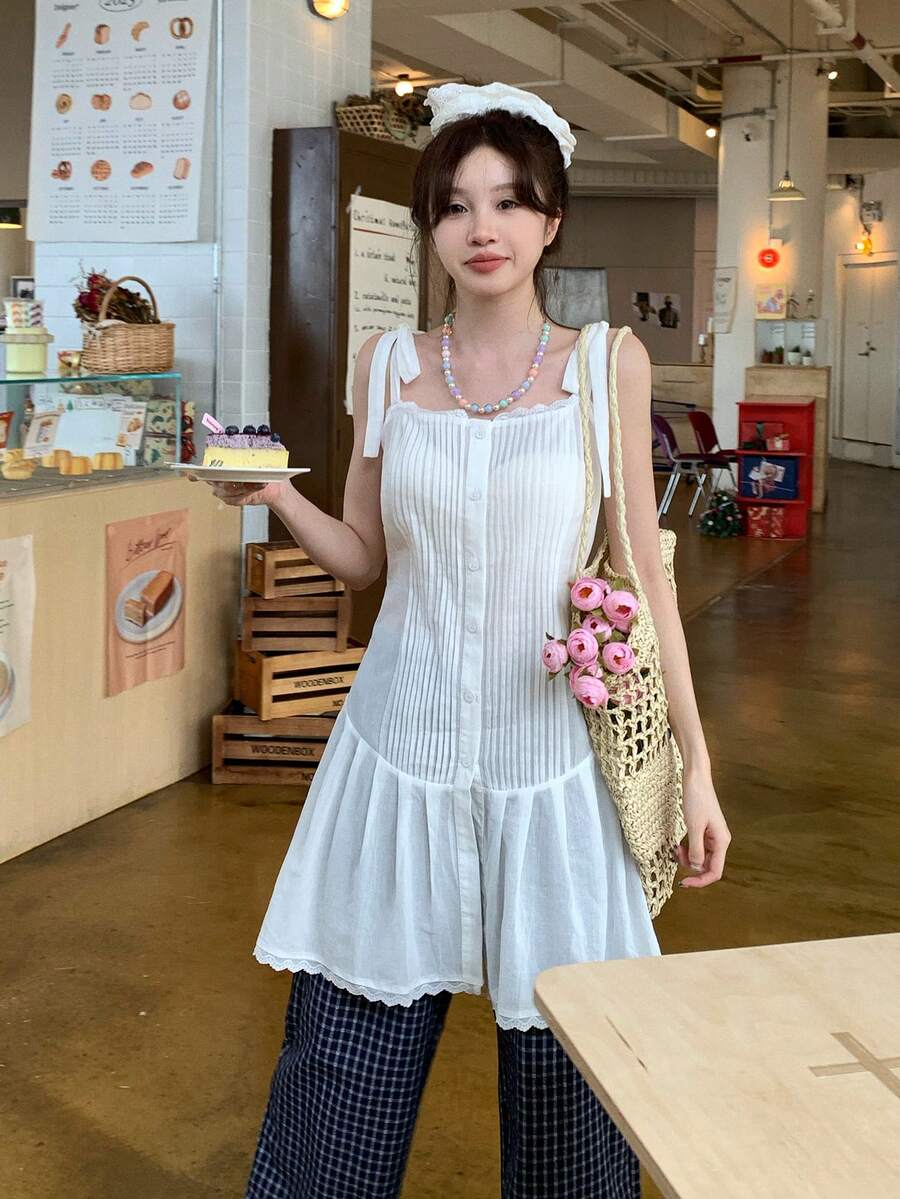 DAZY Women's Pleated Fresh Korean Style Camisole Vacation Summer Cute Top White - White - View 1