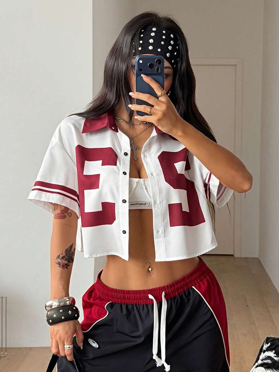 Coolane 女士街头运动休闲印花短款衬衫 - 白色 - 查看 1