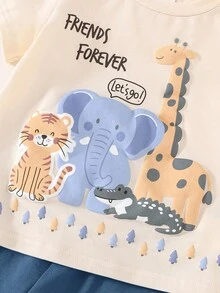 Cozy Pixies Bộ 2 món cho bé trai/bé gái, gồm áo thun dệt kim cổ tròn dáng rộng và quần short in hình động vật hoạt hình dễ thương, thích hợp mặc mùa xuân/hè. - Nhiều màu - Xem 5