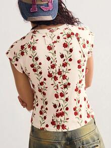 Bohemela Women's Floral Print Round Neck Short Sleeve T-Shirt - Yellow - View 6