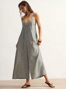 Bohemela Women's Summer Casual Vacation Loose Green Textured Woven Sleeveless Jumpsuit - Multicolor - View 4