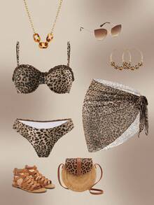 Swim Oasis 3pcs Women's Summer Beach Holiday Vacation Leopard Print Ruffled Bandeau Bikini Set: Tropical And Elegant Beach Outfit Holiday Brown Zebra Print - Multicolor - View 1