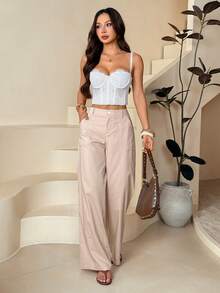 PETITE Pantalones rectos de cintura baja de 100% algodón lavado, pantalones de lino para mujer, pantalones de verano, pantalones anchos de mujer, pantalones de verano, otoño y ropa de otoño para mujer - Caqui - Ver 7