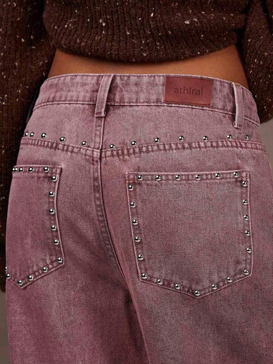 Athîral Denim Women's Casual Rivet Decorated Denim Jeans - Red - View 1