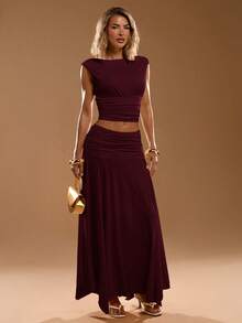 SHEIN BAE Women's Solid Color Minimalist Daily Sleeveless Top And Skirt Set - Burgundy - View 3