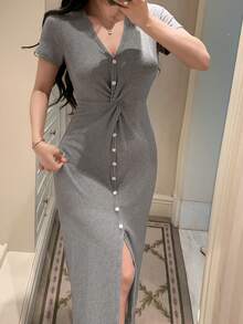 DAZY Women's Casual Front Twist Knot Front Button Short Sleeve Housedress - Grey - View 4