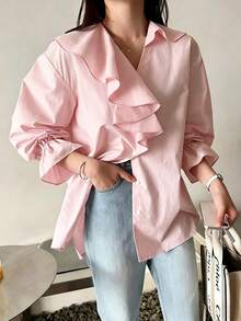 INAWLY Elegant V-Neck Ruffle Patchwork Loose Blouse - Pink - View 5