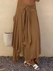 Livesso Women's Tie-Up Vacation Flared Skirt, Summer - Khaki - View 5
