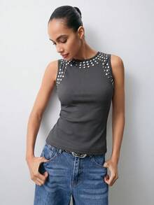 Maija 2025 Fitted Ribbed Metallic Foil Design Women Tank Top, Suitable For Valentine's Day Party - Dark Grey - View 11