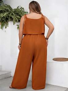 SHEIN CURVE+ Curve 尺码 US22 音乐节、海滨度假、波西米亚风女士休闲度假纹理纯色连体裤 - 藕粉色 - 查看 2