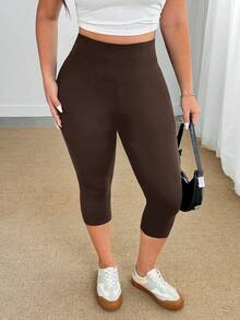 Enliva Plus-Size Solid Color High-Waisted Casual Leggings, 95% Cotton, Stretch Cropped Length Leggings, For Apple And Rounded Body Shape - Brown - View 8