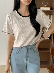 DAZY Color Block Texture Round Neck Loose Short Sleeve Women T-Shirt Summer - Apricot - View 9