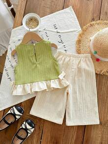 SHEIN LMoss Kids 女宝宝夏季可爱红白格子荷叶边无袖上衣和松紧腰宽松裤套装 - 彩色 - 查看 2