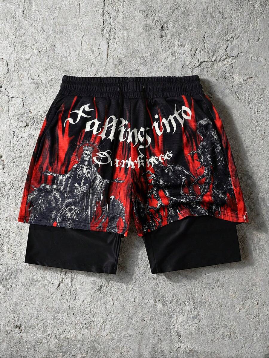 ROMWE MEN Goth Men's Printed Basketball Shorts With 2 In 1 Design, Suitable For Daily Wear In Spring/Summer - Black - View 1
