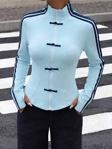 Muchica Women's Spring/Summer Knitted Sporty Drawstring Zip-Up Lightweight Jacket - Blue - View 3