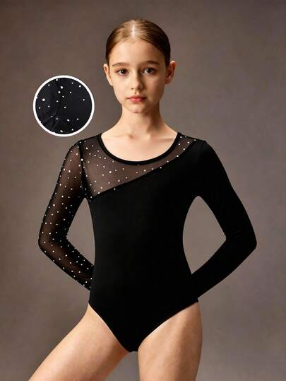 Asymmetric Mesh & Sequin Splice Design Long Sleeve Crew Neck Jumpsuit For Tween GirlsFitted Silhouette In Elegant Black, One Side Sequin Mesh Splice Design, Soft & Skin-Friendly Fabric, Versatile Long Sleeve Cut, Suitable For Daily Wear, Dance Practice, Stage Performance