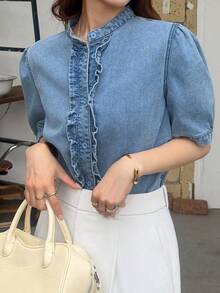 FRIFUL 女款單排扣休閒百搭牛仔上衣，適合日常穿著，夏季款 - 藍色 - 查看 7