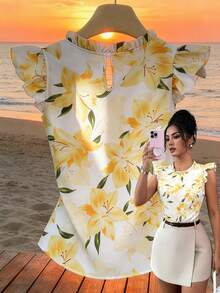 GlowEve CURVE Áo kiểu dáng chữ A tay ngắn, xếp ly eo, chất liệu jacquard, thanh lịch dành cho phụ nữ trung niên, thích hợp mặc đi làm vào mùa hè. - Nhiều màu - Xem 2
