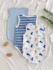 SHEIN Vintaside Kids 男婴春夏多色可爱清新舒适无袖背心三件套。三种款式：卡通动物印花、纯蓝色和蓝白条纹。针织面料，宽松版型。三件套满足多种穿搭场景需求。适合幼儿休闲、户外散步等场合穿着。 - 彩色 - 查看 2