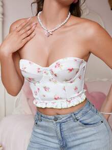 PetitDoll 白色浪漫田园甜美可爱缎面性感娃娃衫卡哇伊洛丽塔全身花卉印花半罩杯荷叶边性感内衣 - 白色 - 查看 4