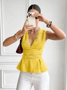 Serisse Women's Textured Ruched Lace Patchwork Ruffle Hem Vacation Blouse Lunch Date Yellow Summer Elegant - Yellow - View 6