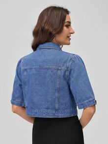 EMERY ROSE Plus Size Solid Color Front Button Casual Short Sleeve Denim Jacket, Summer - Blue - View 2