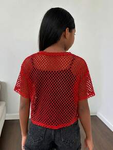 SHEIN Tween女孩紅色夏季街頭風城市度假針織網眼圓領短袖上衣，運動休閒母女套裝（2件套，單獨販售） - 紅色 - 查看 3