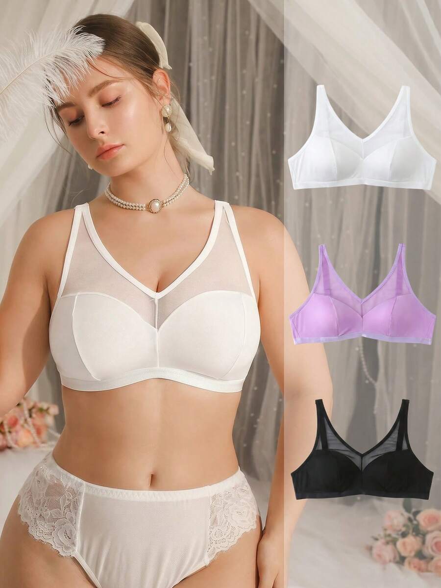DelicateAllure 3Pcs Plus Size Women Mesh Patchwork Wireless Curve Bralette White Winter - White - View 1